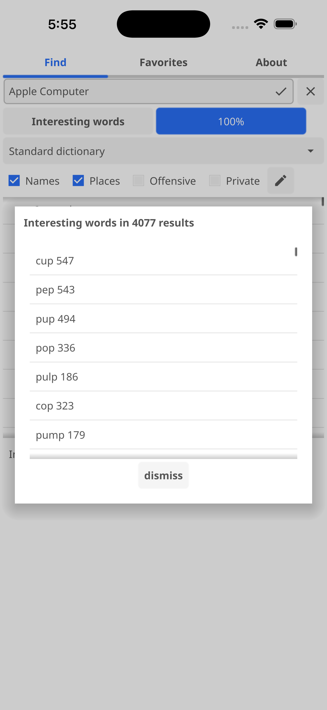 Interesting words analysis dialog