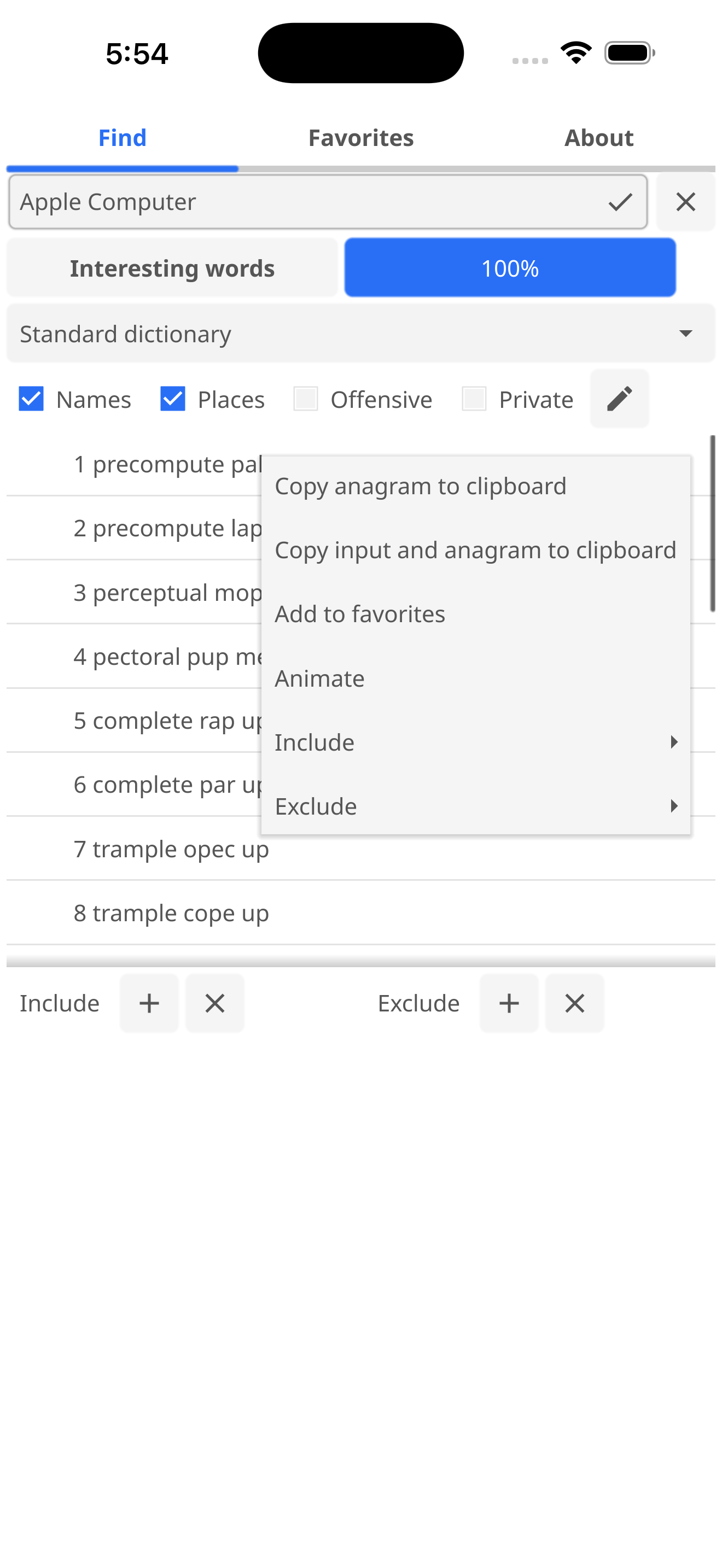 Anagram search results with context menu